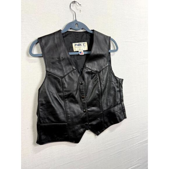 Vtg Park V Leather Biker Vest Womens 16 Black Motorcycle Classic Button Front - Picture 2 of 8